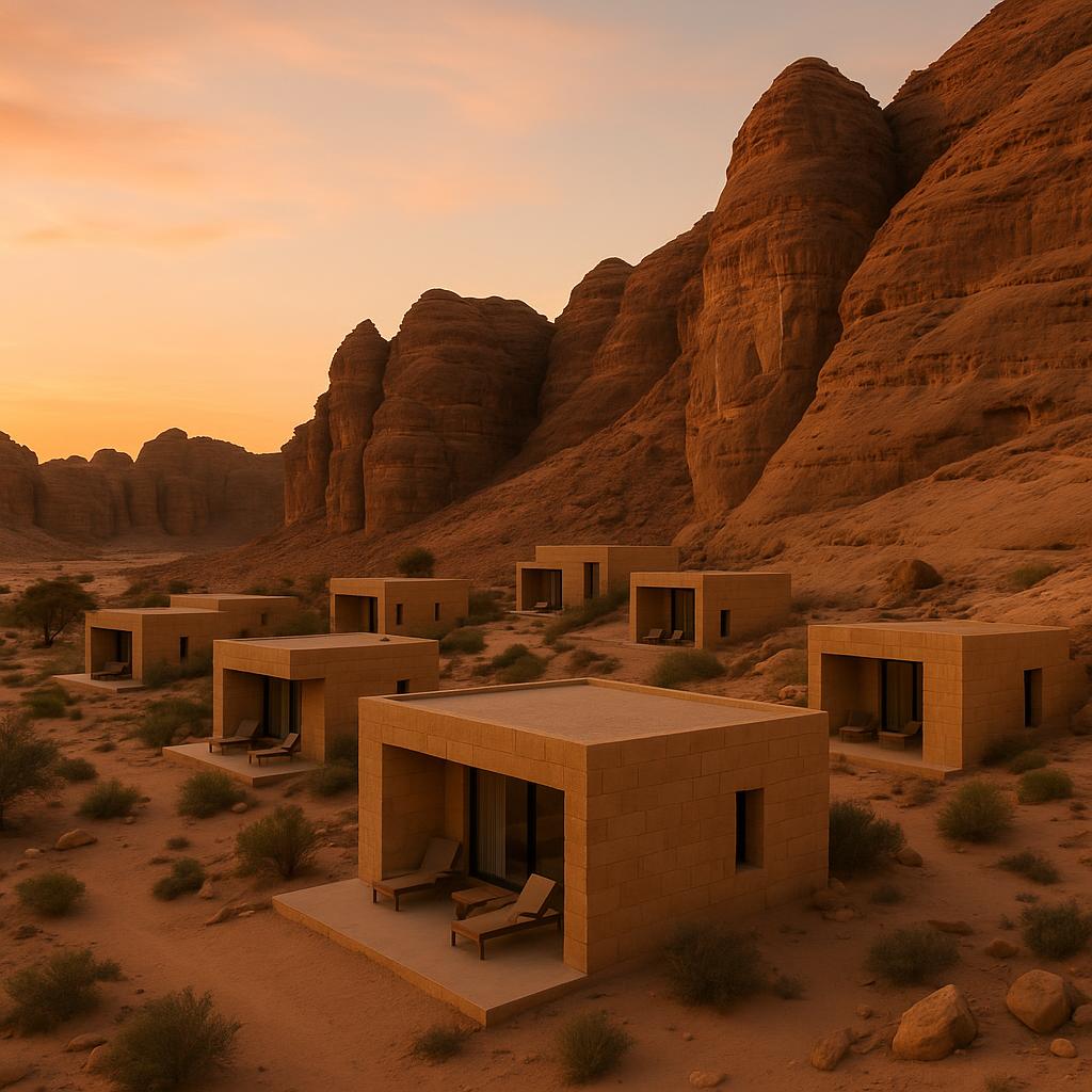 Banyan Tree AlUla sandstone suites blending into desert cliffs at sunset