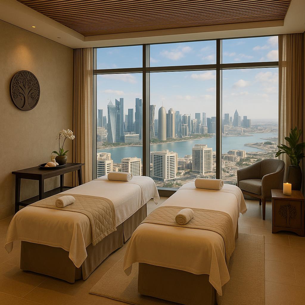 Luxurious spa treatment room with panoramic view of Doha skyline