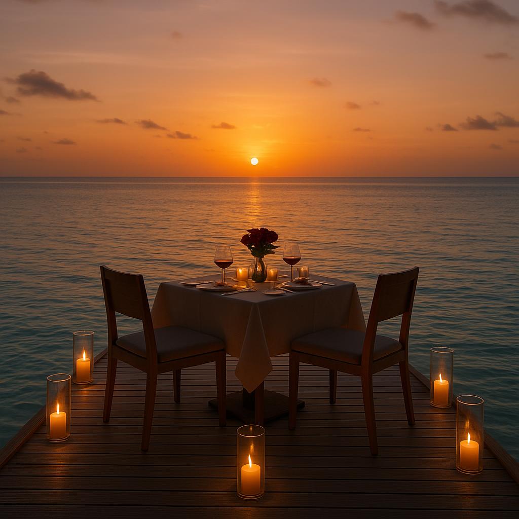 Candlelit dinner on jetty at Baros Maldives