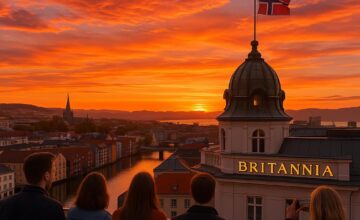 Sunset panoramic view of Trondheim from Britannia Hotel rooftop