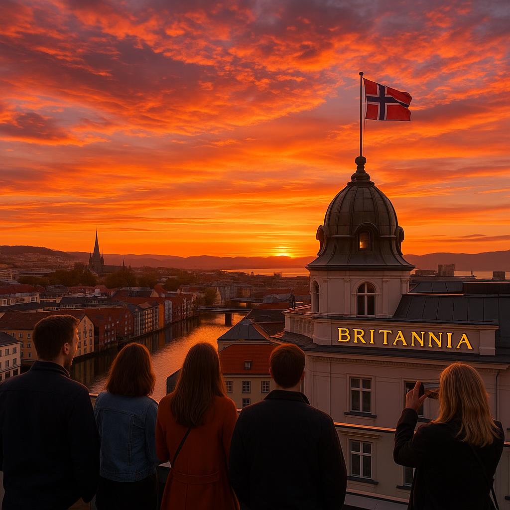 Sunset panoramic view of Trondheim from Britannia Hotel rooftop