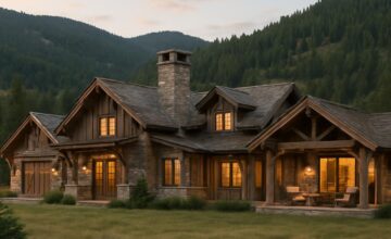 Luxurious Wyoming ranch cabin with rustic wood and stone architecture in scenic landscape