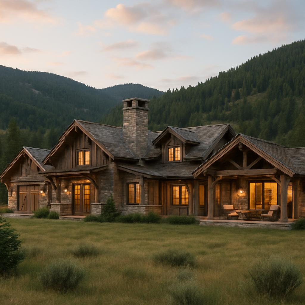 Luxurious Wyoming ranch cabin with rustic wood and stone architecture in scenic landscape