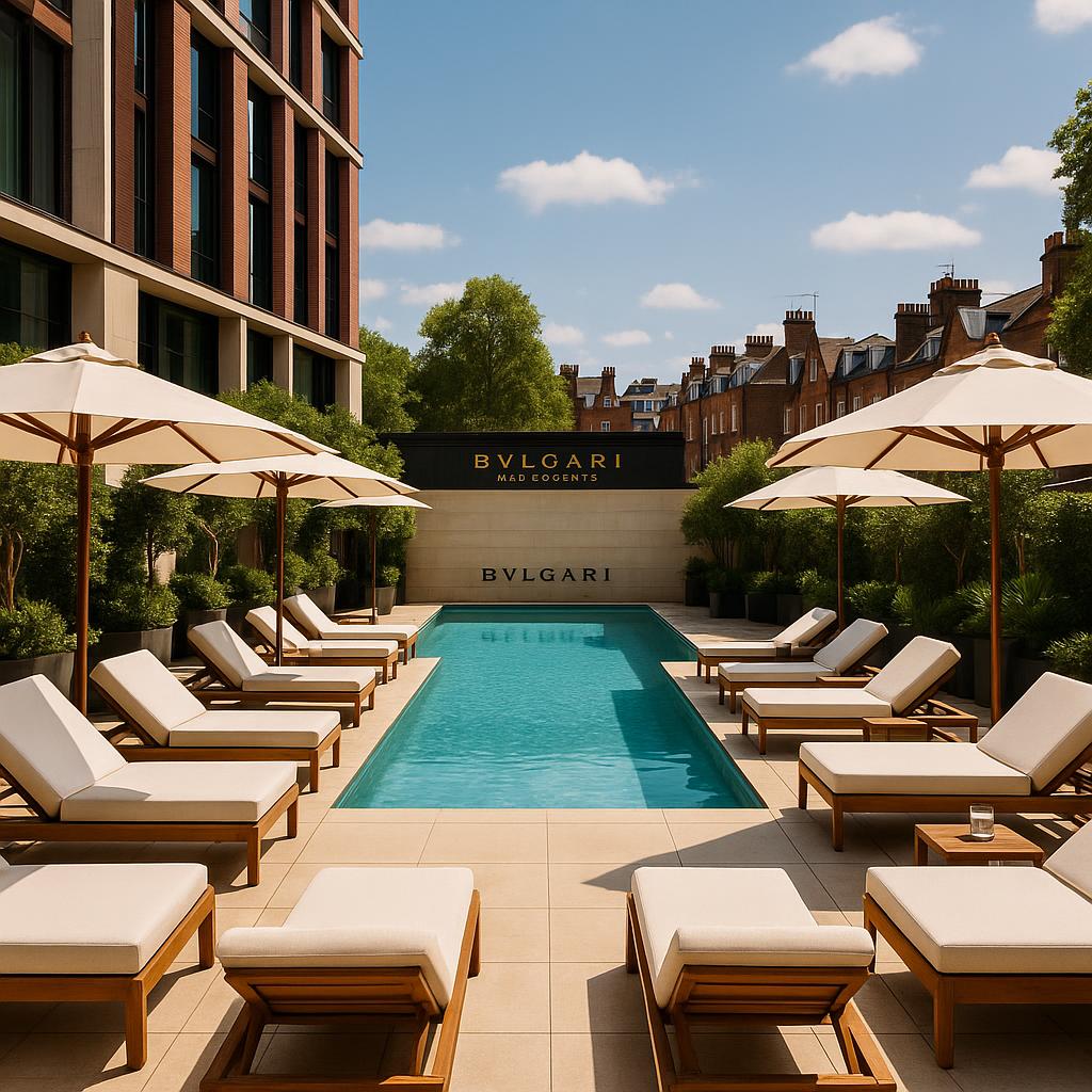 Bulgari Hotel London's pool area reflecting beach club energy in London
