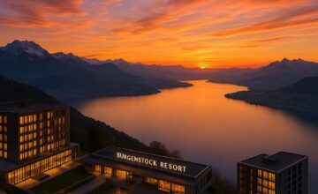 Panoramic sunset view from Bürgenstock Resort over Lake Lucerne