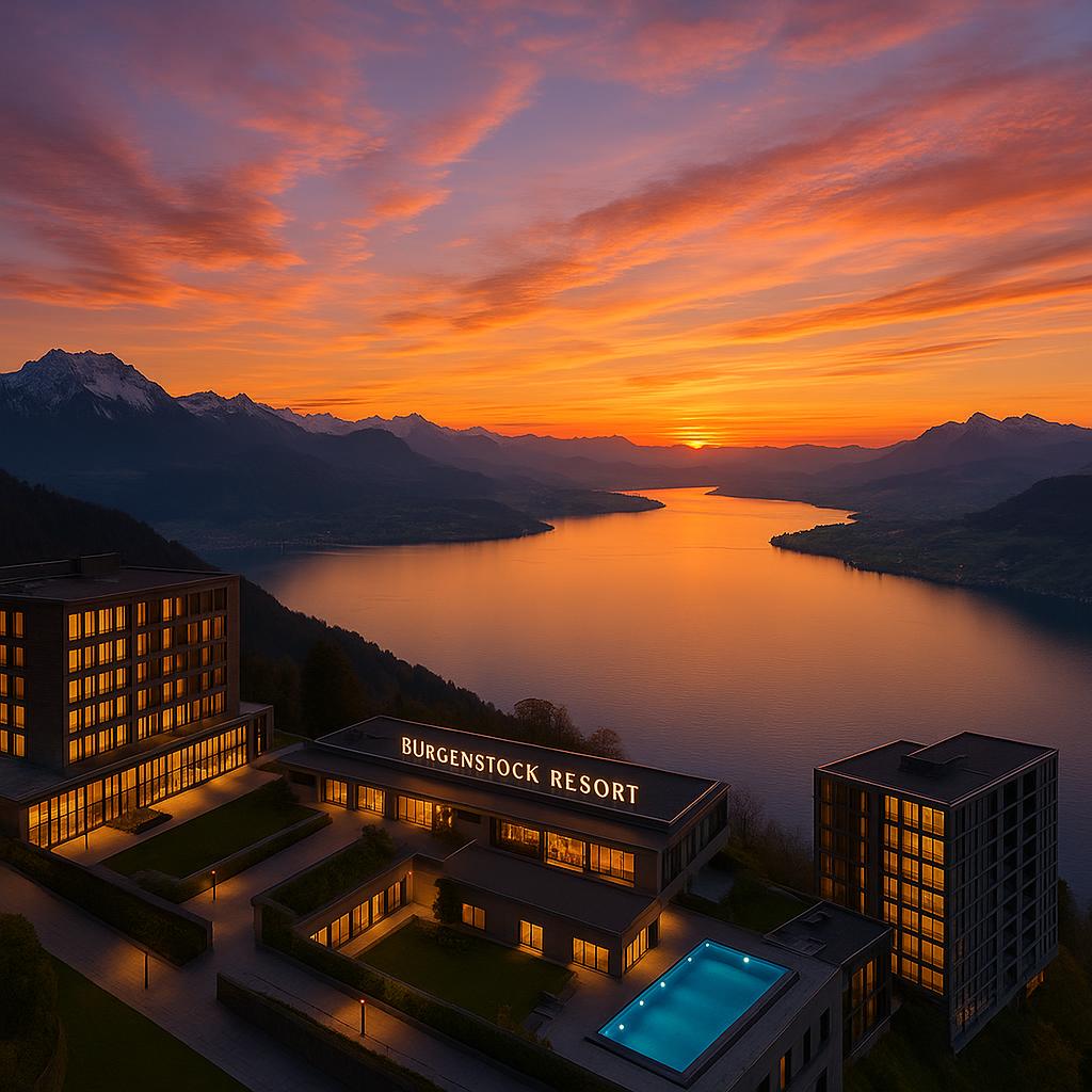 Panoramic sunset view from Bürgenstock Resort over Lake Lucerne