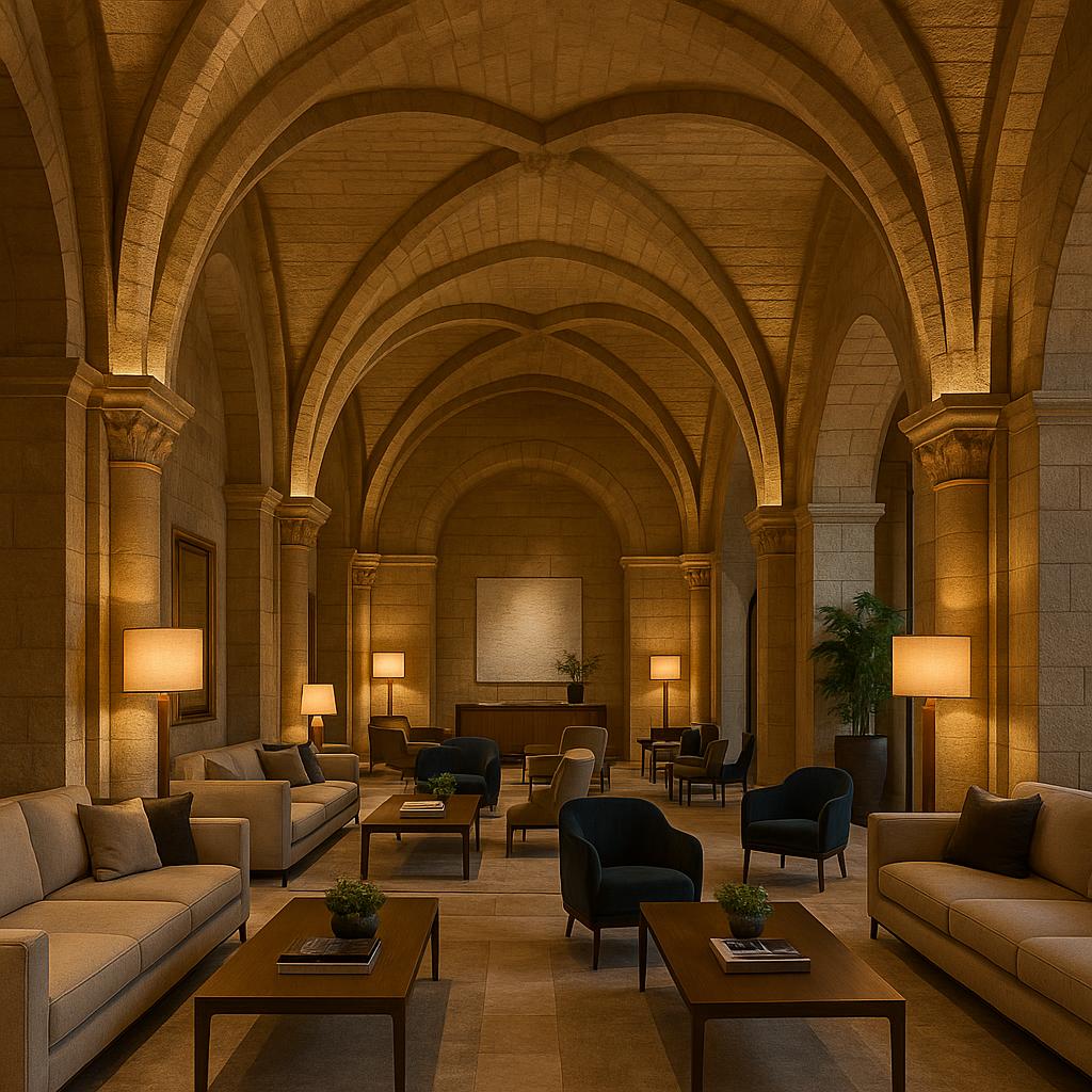 Elegant hotel lobby with vaulted ceilings and refined contemporary décor