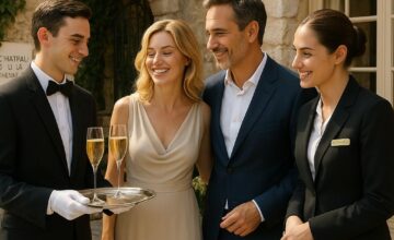Attentive luxury hotel staff serving guests