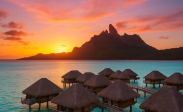 Over-water bungalows at Conrad Bora Bora Nui over turquoise lagoon at sunset