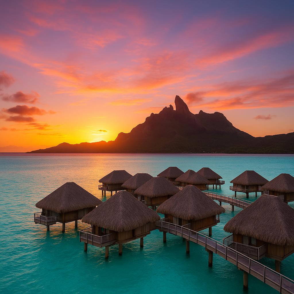Over-water bungalows at Conrad Bora Bora Nui over turquoise lagoon at sunset