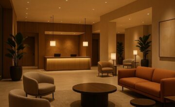 Coppersmith Hotel lobby with warm lighting and cozy seating