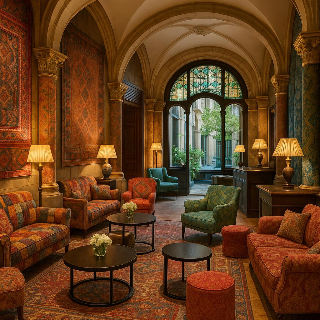 Elegant textile-themed lobby at Cotton House Hotel in Barcelona