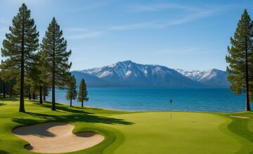 Golf course view at Edgewood Tahoe Resort with lake and mountain backdrop