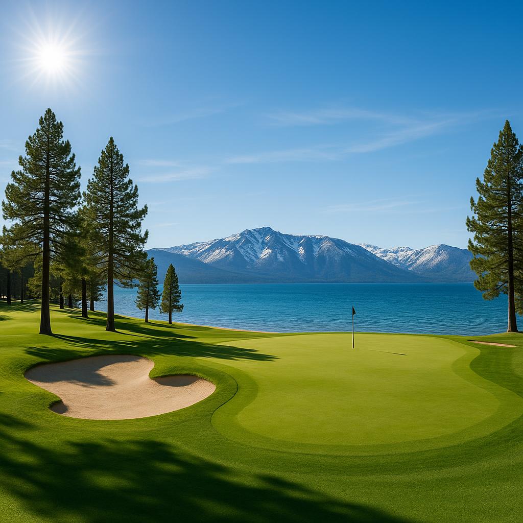 Golf course view at Edgewood Tahoe Resort with lake and mountain backdrop