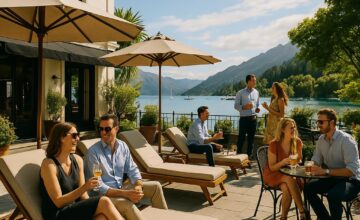 Lakeside terrace at Eichardt's Private Hotel with guests