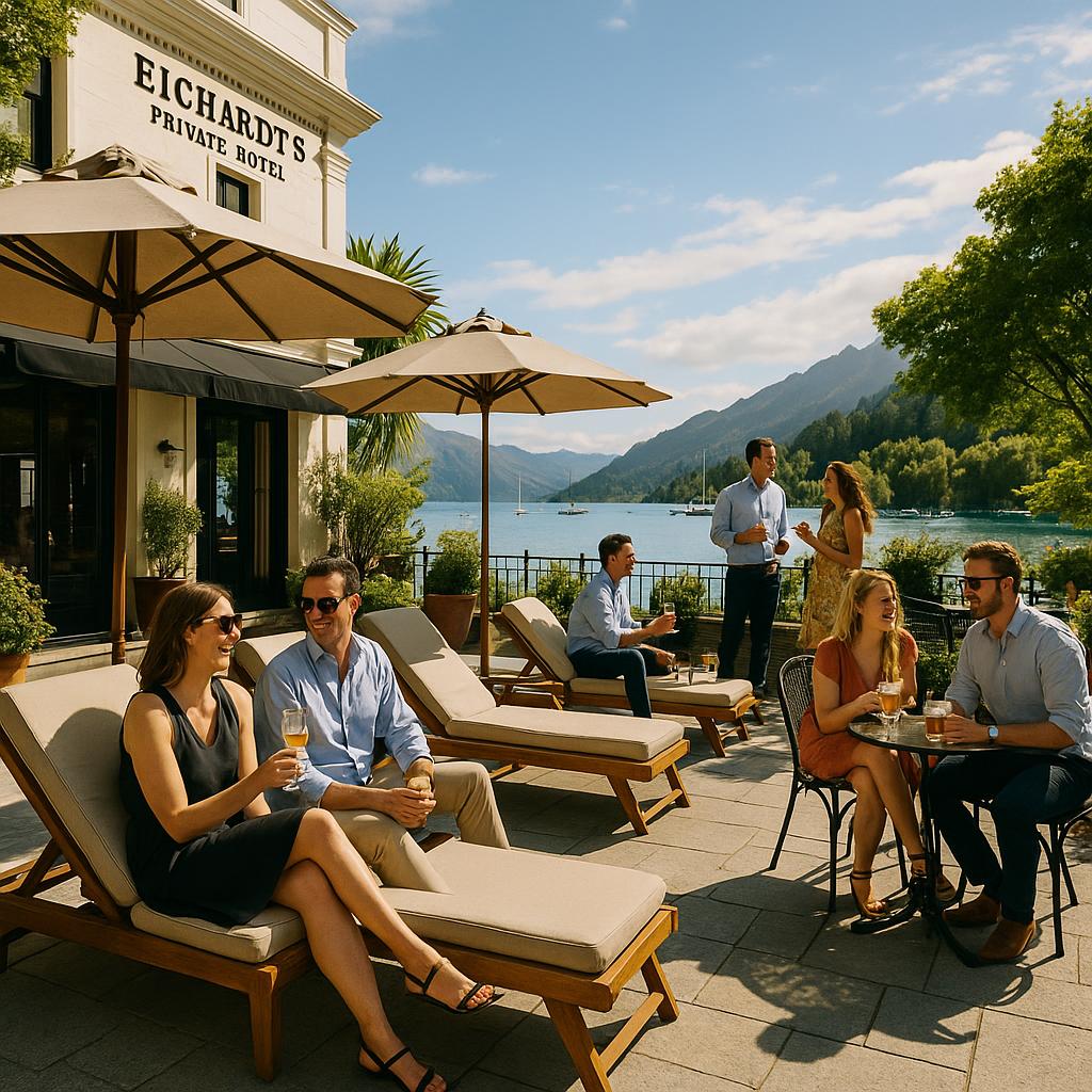 Lakeside terrace at Eichardt's Private Hotel with guests