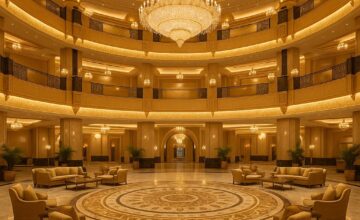 Opulent hotel lobby with gold and marble design