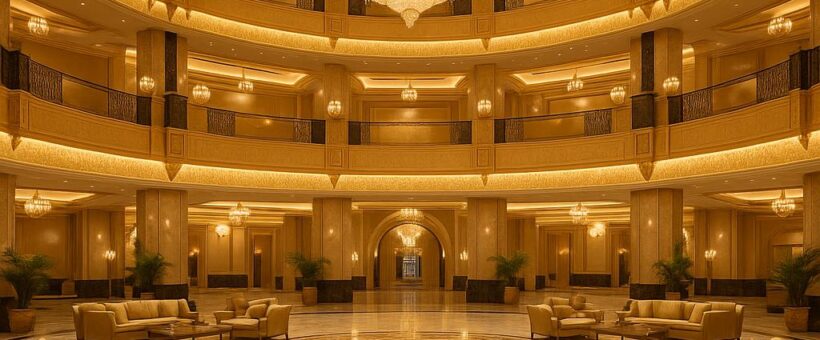 Opulent hotel lobby with gold and marble design