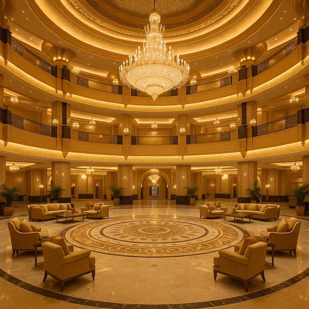 Opulent hotel lobby with gold and marble design