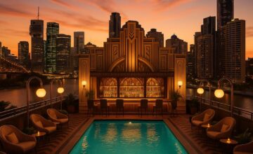 Emporium Hotel rooftop pool with Art Deco style and city views at sunset
