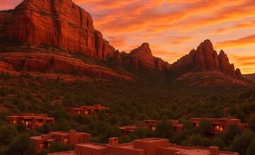 Scenic view of Enchantment Resort with red rocks at sunset