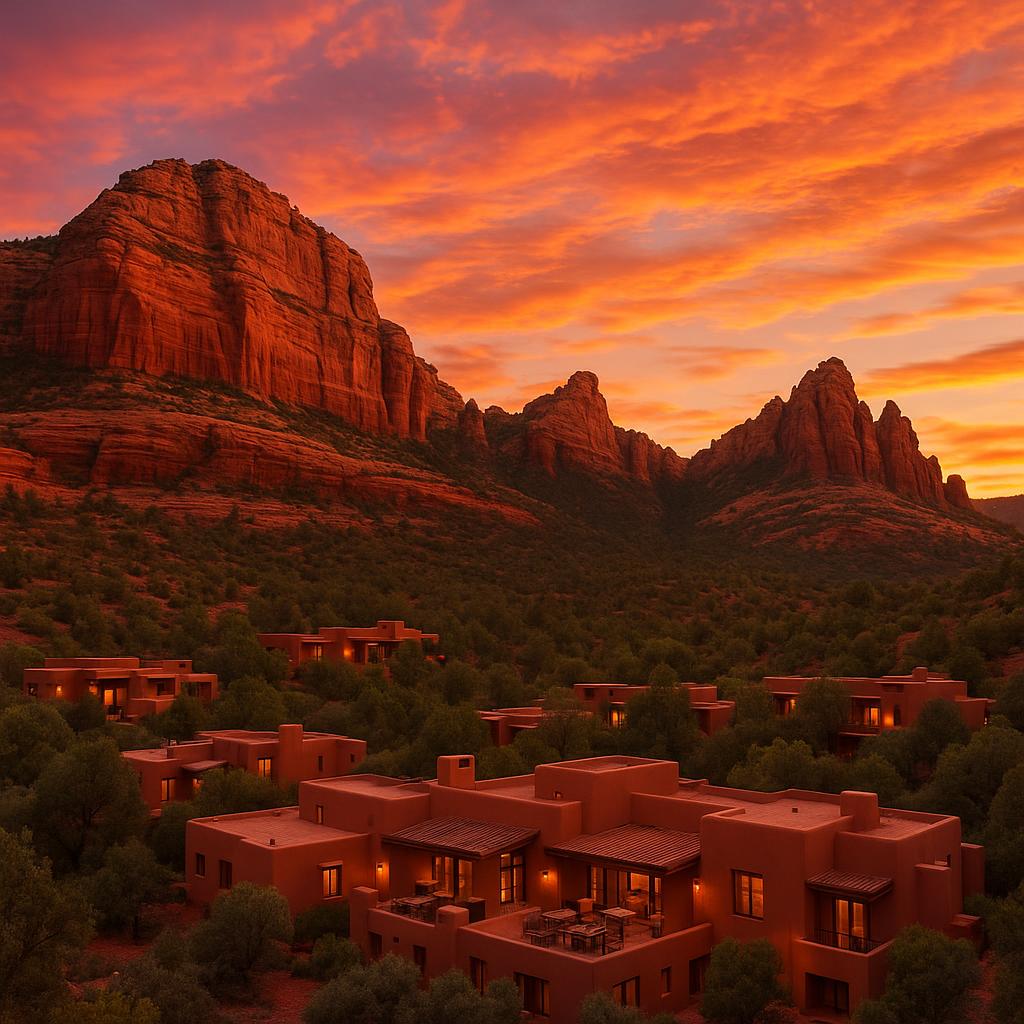 Scenic view of Enchantment Resort with red rocks at sunset