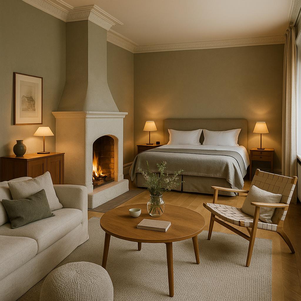 Elegant Ett Hem suite with fireplace and Scandinavian decor