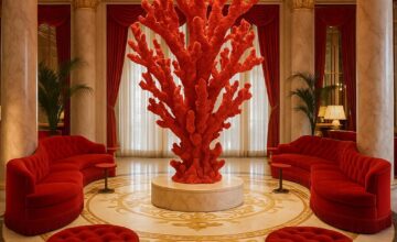 Faena Hotel Miami Beach lobby featuring coral sculpture and red velvet seating