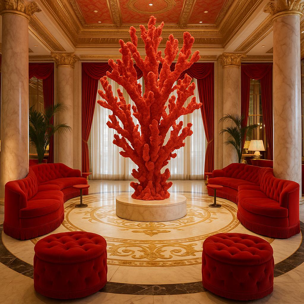 Faena Hotel Miami Beach lobby featuring coral sculpture and red velvet seating