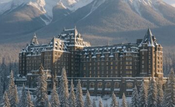 Fairmont Banff Springs castle-style hotel with snowy Rockies in background