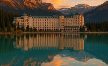 View of Fairmont Chateau Lake Louise reflected on Lake Louise at sunrise