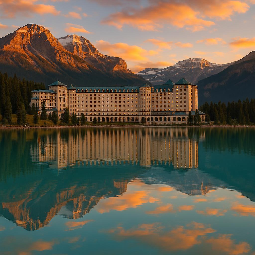 View of Fairmont Chateau Lake Louise reflected on Lake Louise at sunrise