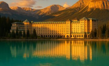Fairmont Chateau Lake Louise with lake and mountains at golden hour