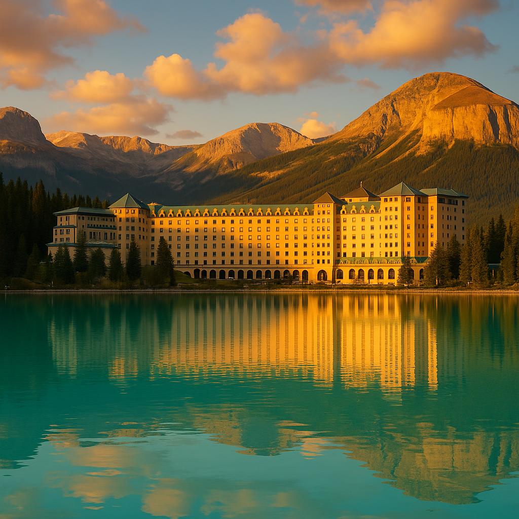 Fairmont Chateau Lake Louise with lake and mountains at golden hour