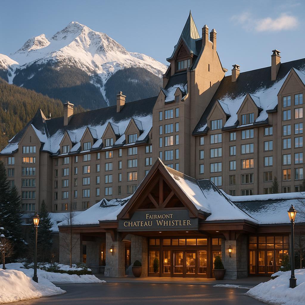 Fairmont Chateau Whistler entrance with snowy mountains