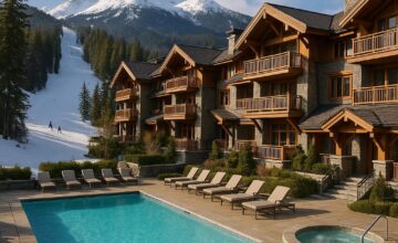 Fairmont Chateau Whistler exterior with snowy mountain backdrop and cozy spa entrance