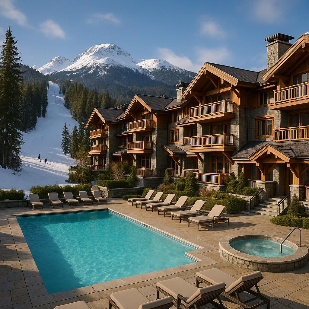 Fairmont Chateau Whistler exterior with snowy mountain backdrop and cozy spa entrance