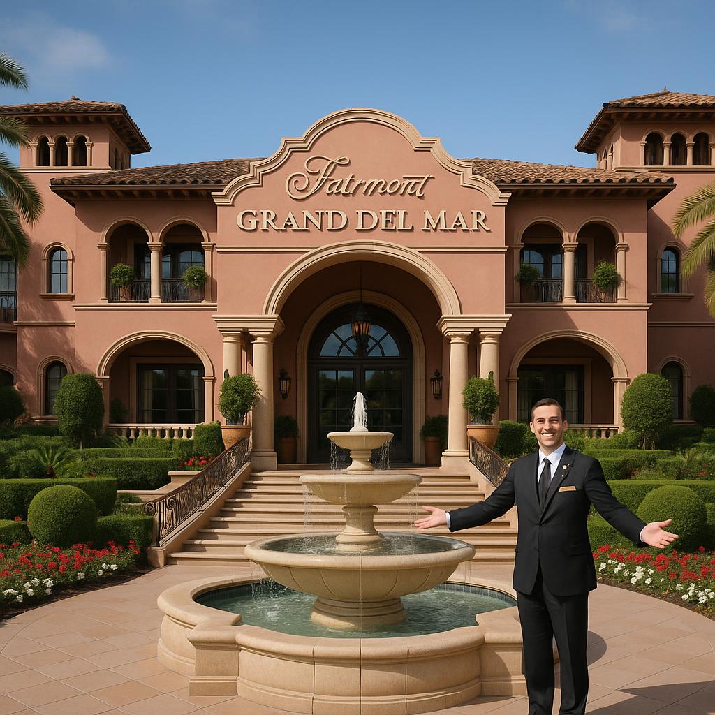 Fairmont Grand Del Mar luxury hotel entrance with concierge greeting guests
