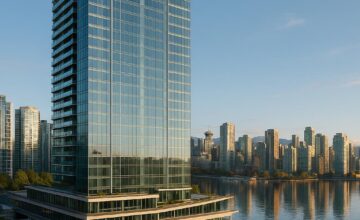 Exterior view of Fairmont Pacific Rim with waterfront and city skyline