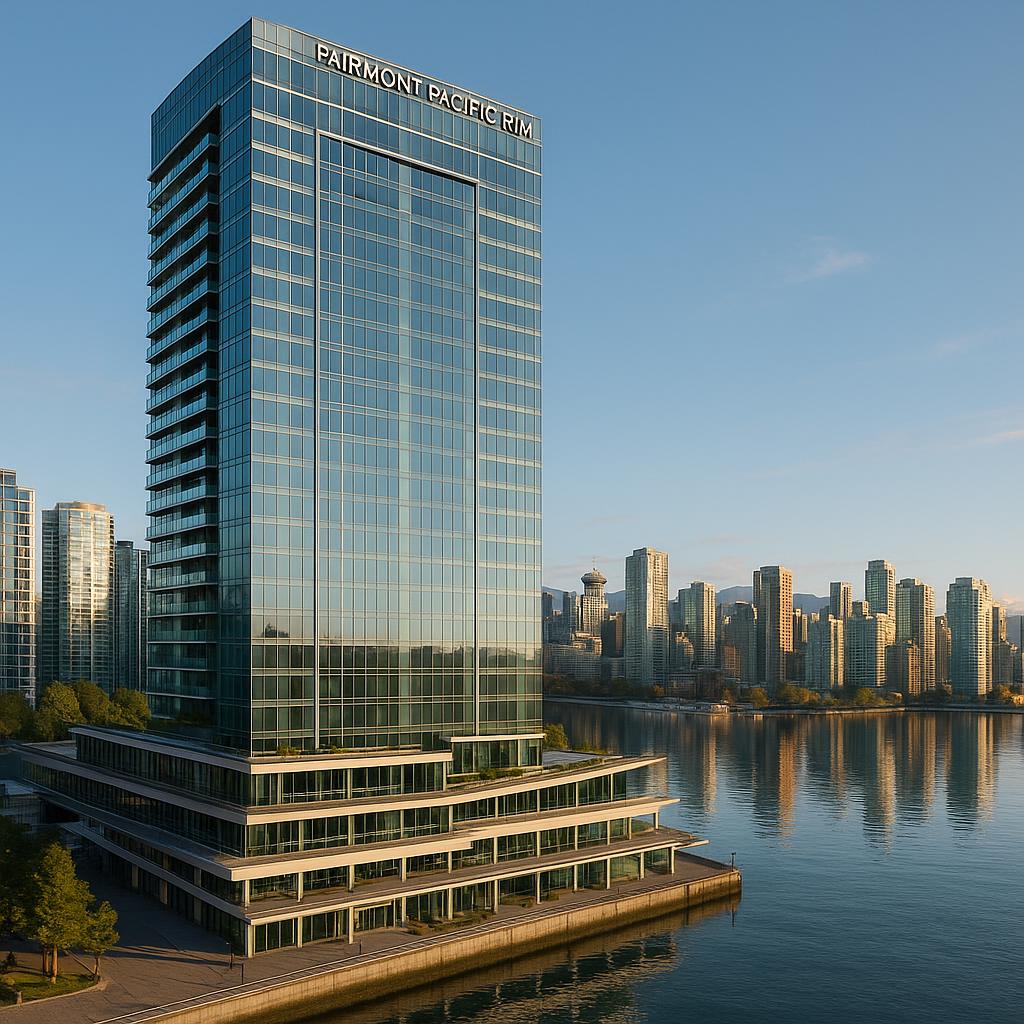 Exterior view of Fairmont Pacific Rim with waterfront and city skyline