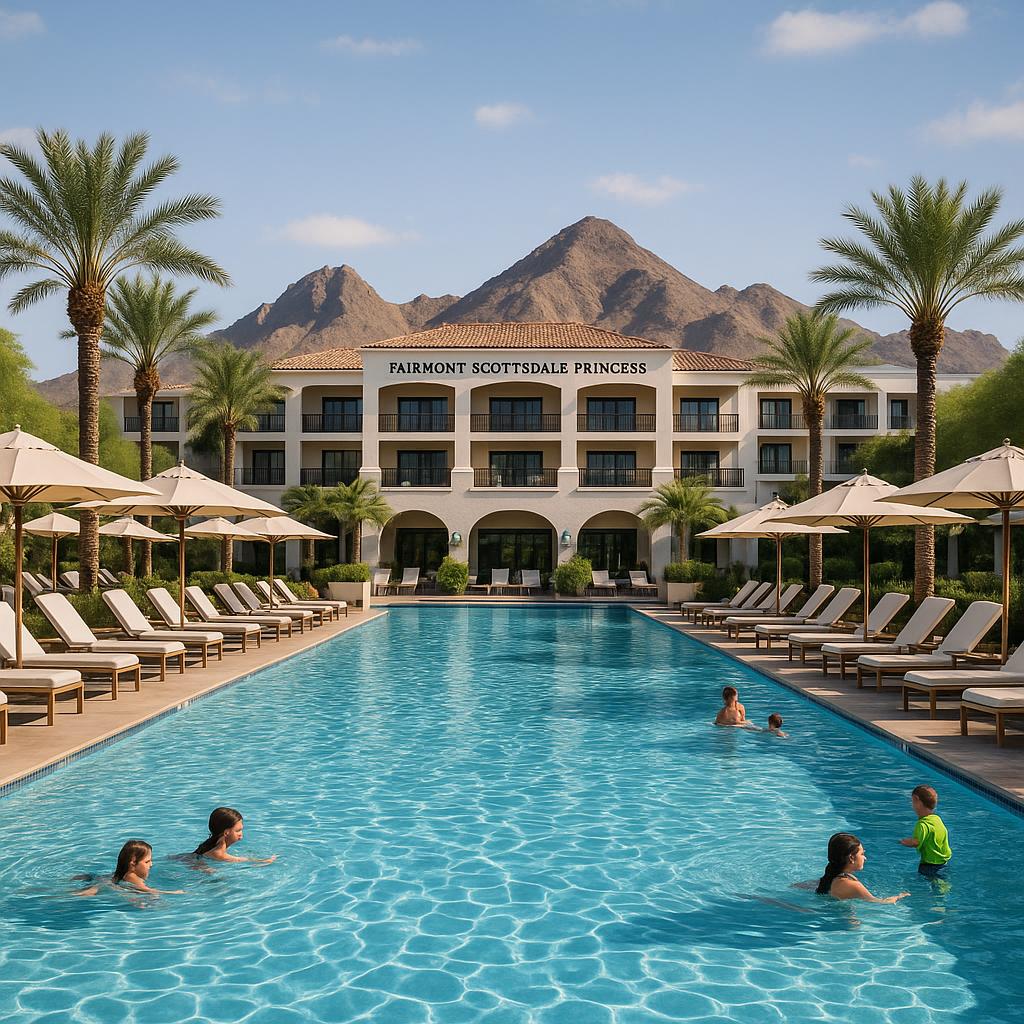 Fairmont Scottsdale Princess pool with desert mountain backdrop