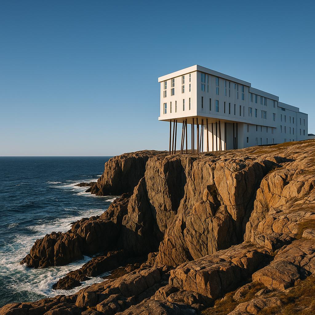 Fogo Island Inn’s architecture and the surrounding ocean cliffs