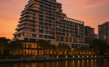 Four Seasons Hotel Bangkok river view at sunset