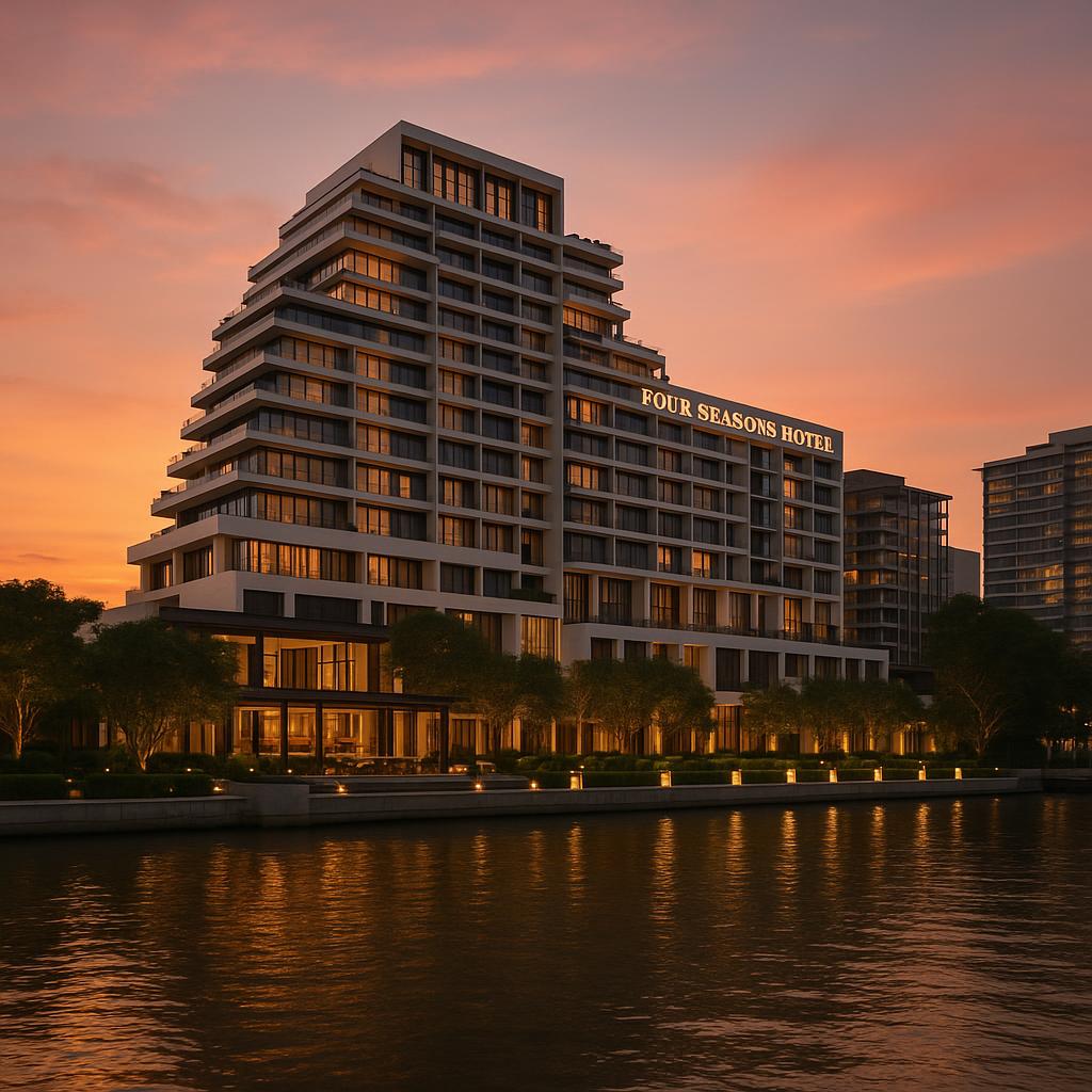 Four Seasons Hotel Bangkok river view at sunset