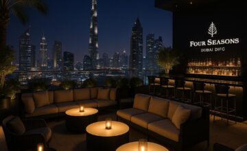 Luxurious rooftop bar at Four Seasons DIFC with Dubai skyline at night