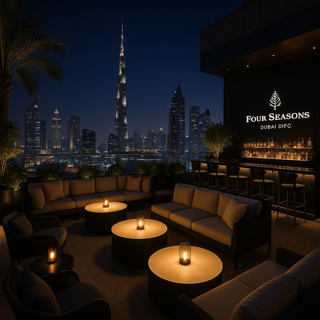 Luxurious rooftop bar at Four Seasons DIFC with Dubai skyline at night