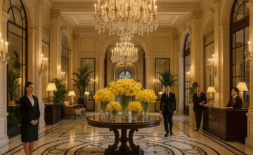 Four Seasons Hotel George V ornate lobby with attentive staff welcoming guests