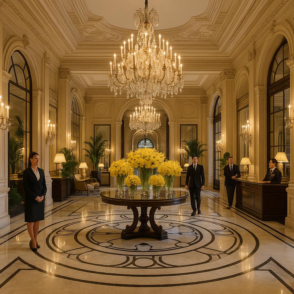 Four Seasons Hotel George V ornate lobby with attentive staff welcoming guests