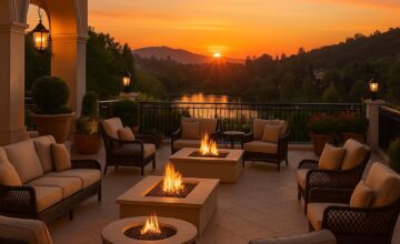 Outdoor terrace at Four Seasons Hotel Los Angeles with sunset and luxury seating