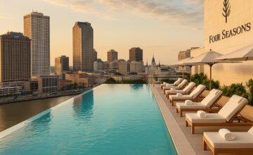 Rooftop pool with Mississippi River view at Four Seasons Hotel New Orleans